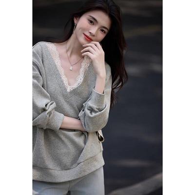 Petite Women's Korean Style Lace Patchwork V-Neck Drop Shoulder Sweatshirt