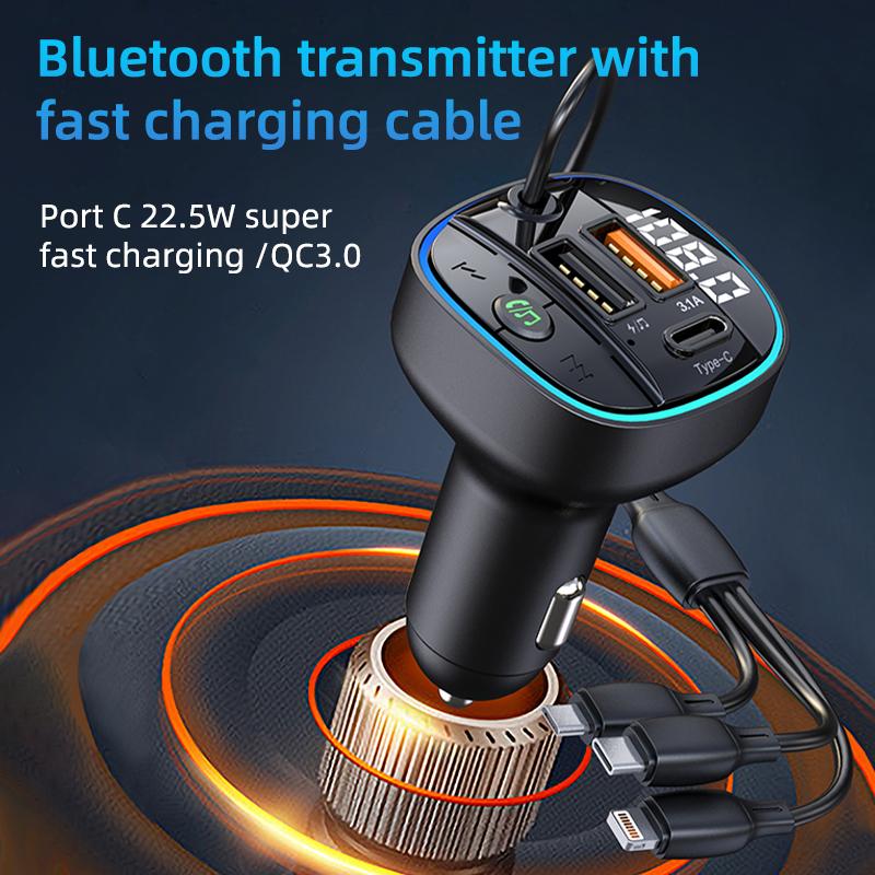 

C35 Super Fast Car Charger Three Ports Car Charger Adapter Bluetooth-compatible MP3 Player FM Transmitter with 3-in-1 Charging Cable