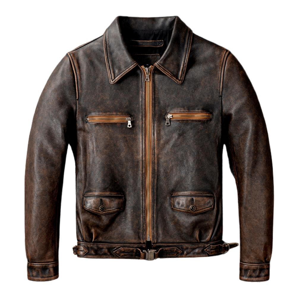 Men Genuine Leather Jacket Thick Oil Waxed Natural Cow Vintage Brown Slim Fit Short Men's Bomber Cowhide Coat Winter Clothing