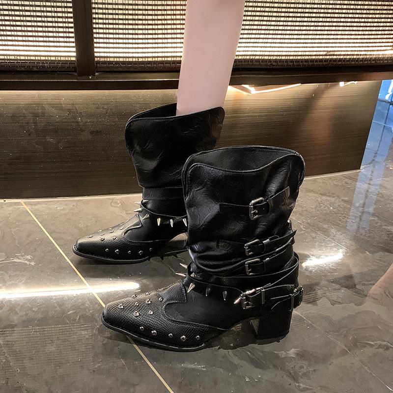 Locomotive boots women's 2025 summer British style pointed head wrinkled thick heel rivet short boots western cowboy boots tooling boots