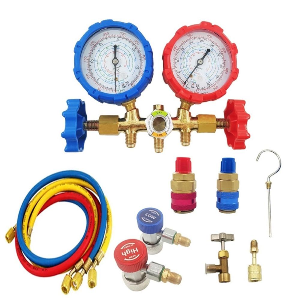 Manifold Gauge Set HVAC A/C Refrigeration Charging Service with Hoses Adjustable Couplers Adapter Can Tap For R32 410 22 134A