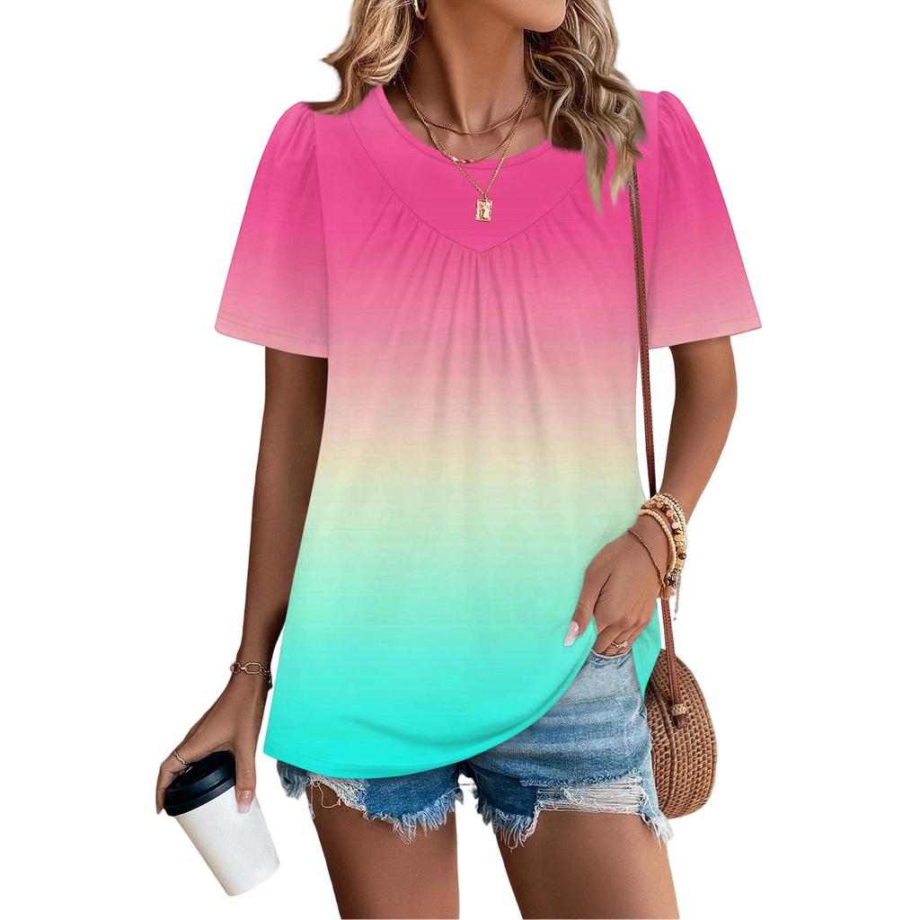 Lässiges Damen-T-Shirt mit Rundhalsausschnitt, Farbverlauf-Print, Falten und kurzen Ärmeln