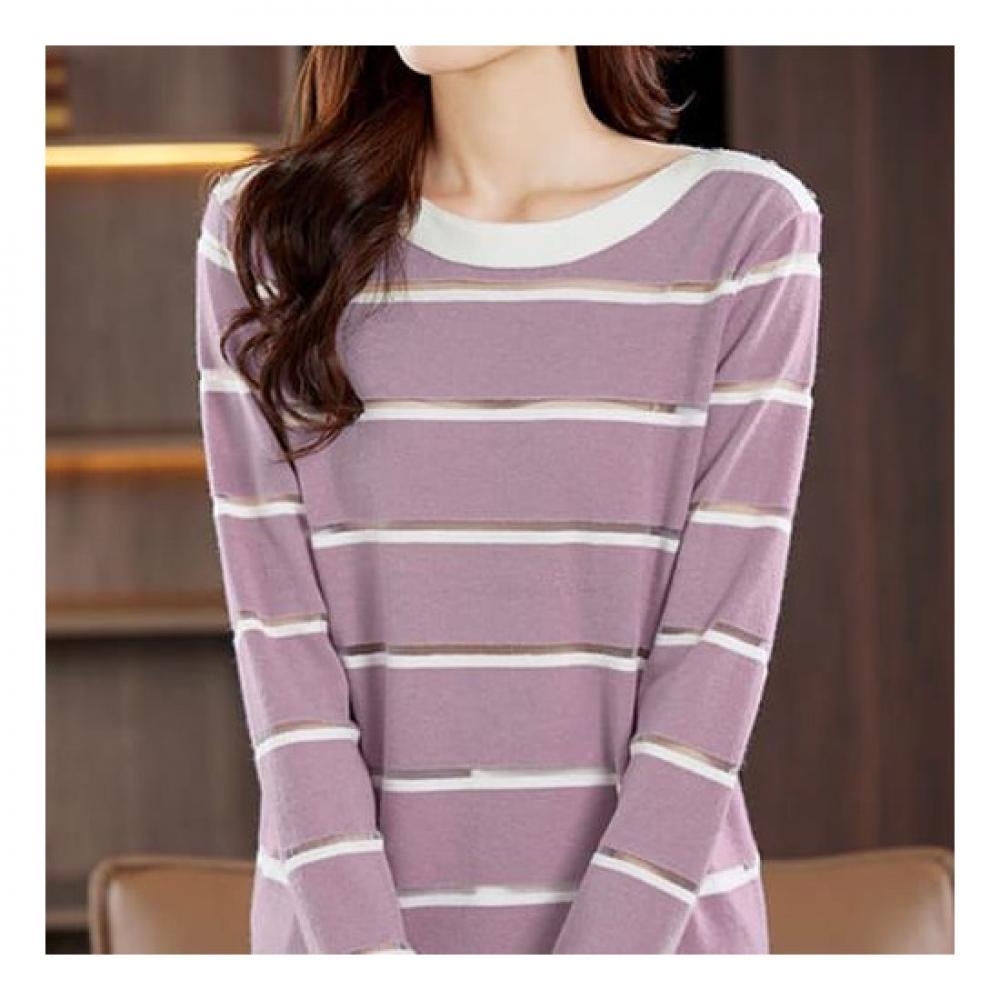 Navava Round Neck Long Sleeve STripe KniT T shirT Nk2295