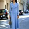 Women Double Breasted Blazer Midi Dress Notched Lapel Long Sleeve Waist Slim Fit Flared Long Formal Office Dress