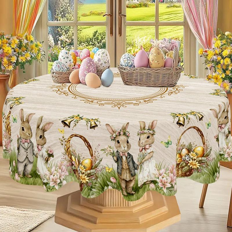 Rustic Easter Tablecloth Bunny Eggs Table Cover Farmhouse Easter Decorations for Home Kitchen Dining Spring Garden Tablecloth