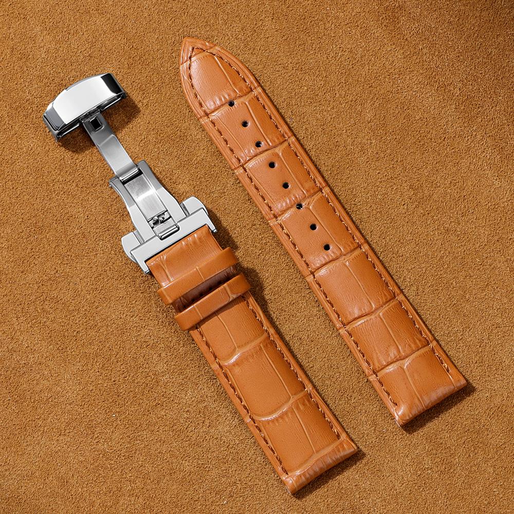 Business Casual Black Brown Genuine Calfskin Leather Watch band Strap Butterfly Buckle Crocodile Pattern Bracelet 18 20 22 24mm