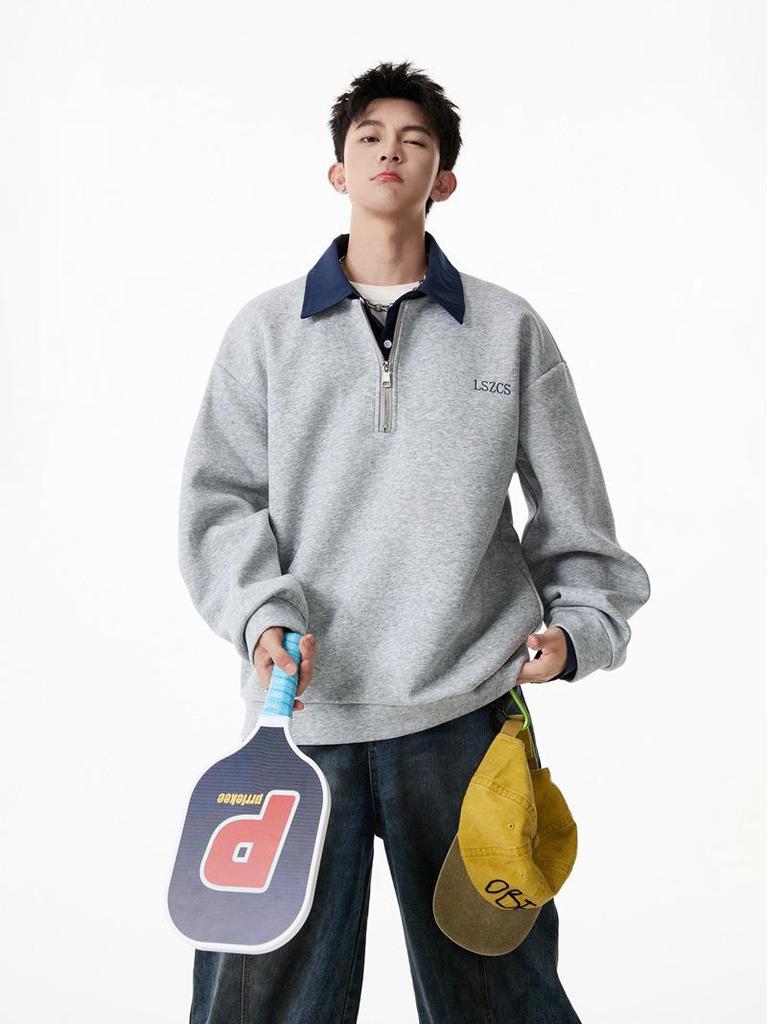 Unisex Heavyweight Faux Two-Piece Half-Zip Polo Sweatshirt, Autumn College Style, Lapel, Pullover, Loose Casual Top, Trendy.