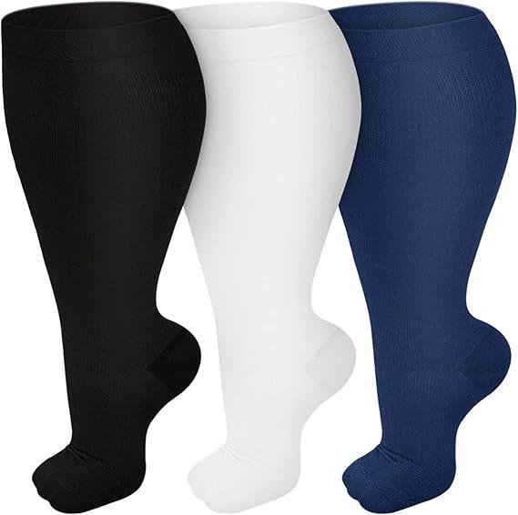Three-Pair Pack Plus Size Knee-High Compression Socks for Wide Calf - Extra Large Support & Circulation Pressure Socks
