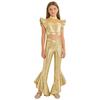 Girls Dance Crop Top with Flared Pants Mock Neck Sleeveless Mesh Rhinestone Ruffle Metallic Outfit Set