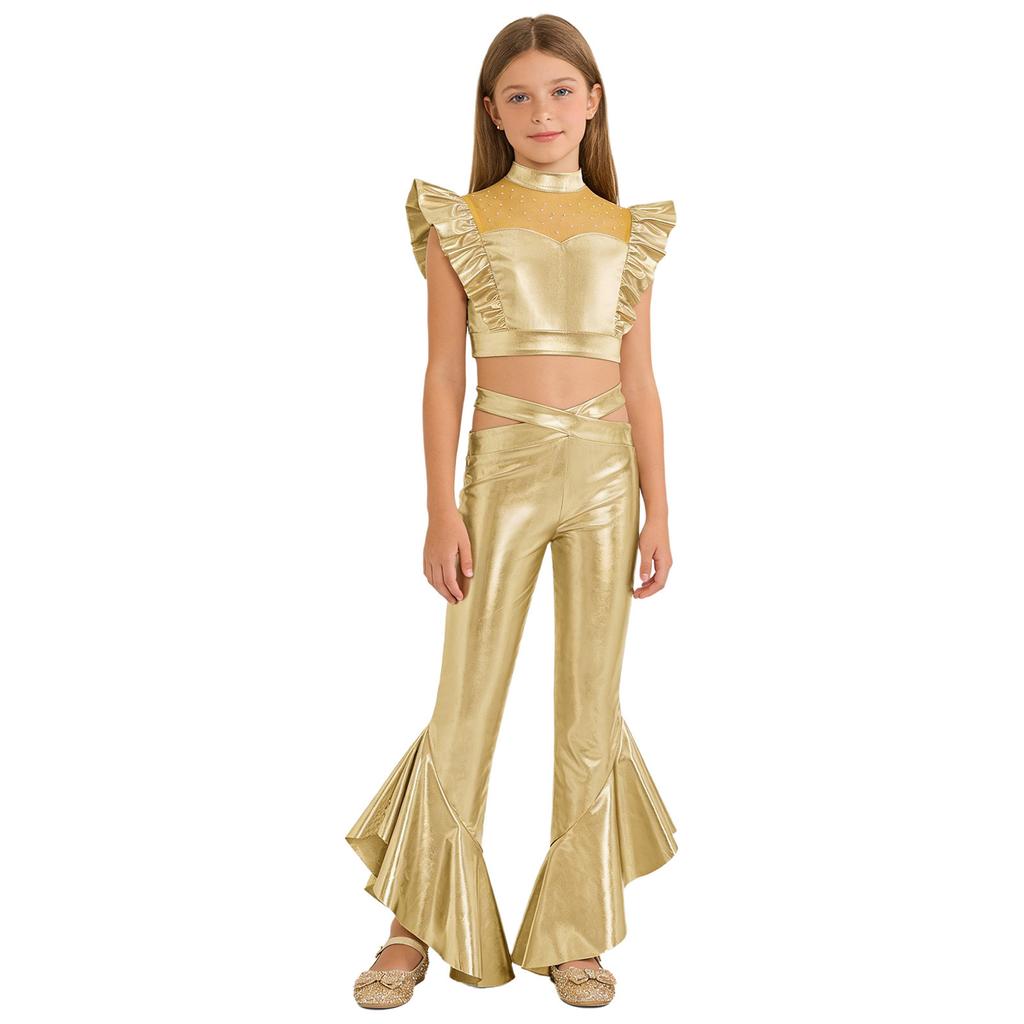 Girls Dance Crop Top with Flared Pants Mock Neck Sleeveless Mesh Rhinestone Ruffle Metallic Outfit Set