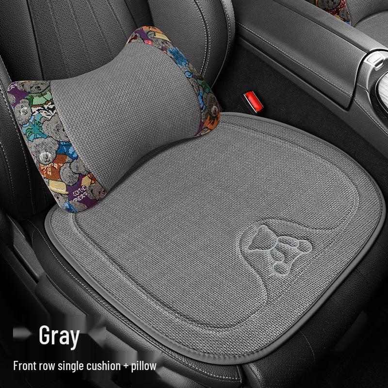 Four Seasons Universal Linen Car Seat Cushion - Cartoon Bear, Breathable, Half-Wrap Rear Seat Cover