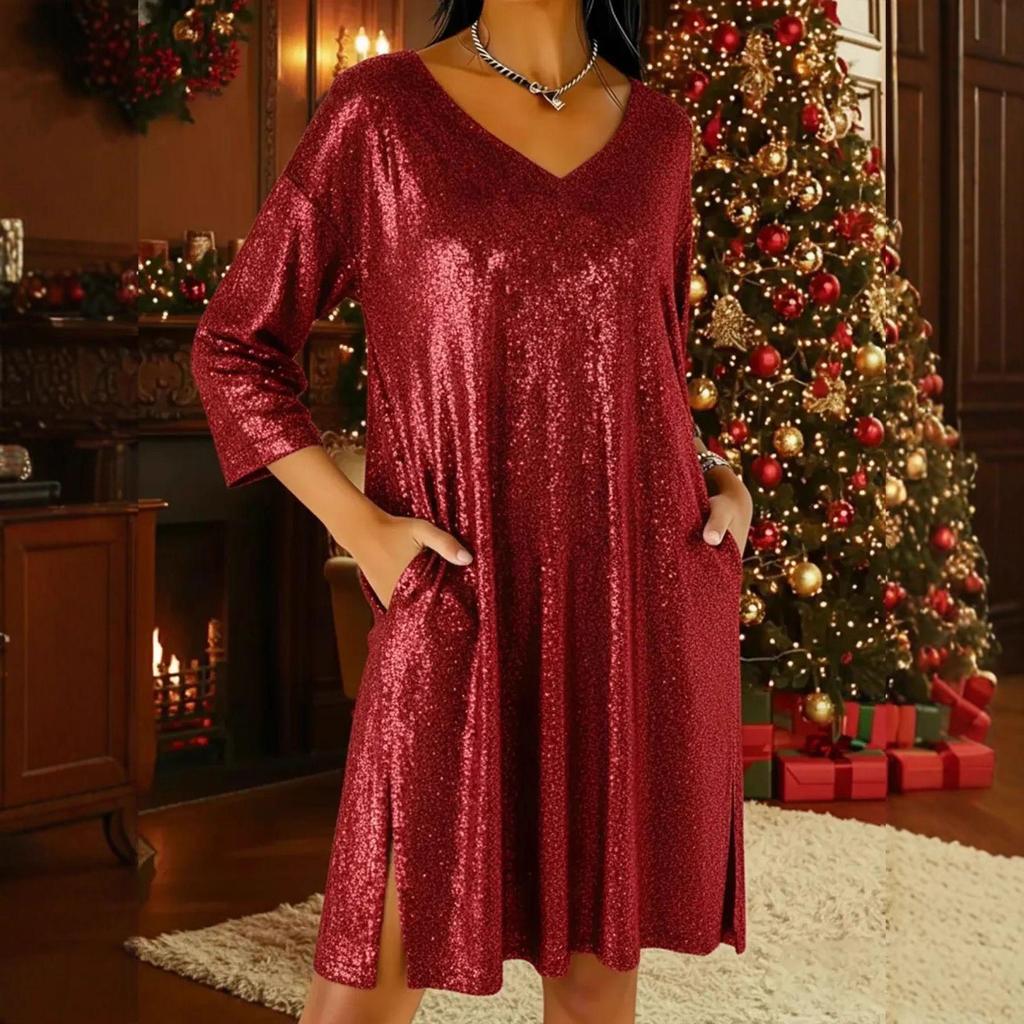 2026 Island V-Neck Slit Dress: European & American Style, Three-Quarter Sleeve, Hot Stamping