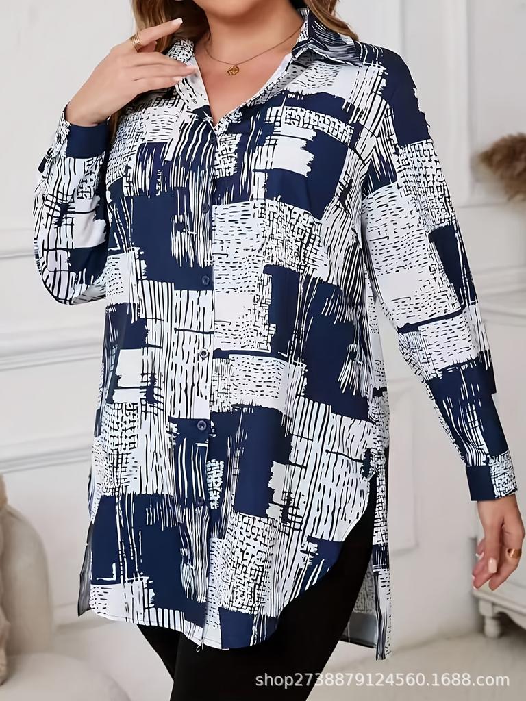 European & American Plus Size Women's Irregular Print Long Sleeve Shirt - 2026 Spring/Summer Fashion Collection