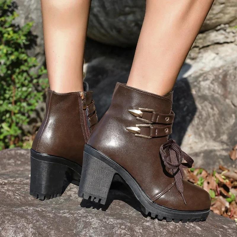 Trendy Women's Boots 2025 Autumn New Casual Comfortable Thick Soled Lace-Up Women's Short Boots Zapatos De Mujer Platform Shoes