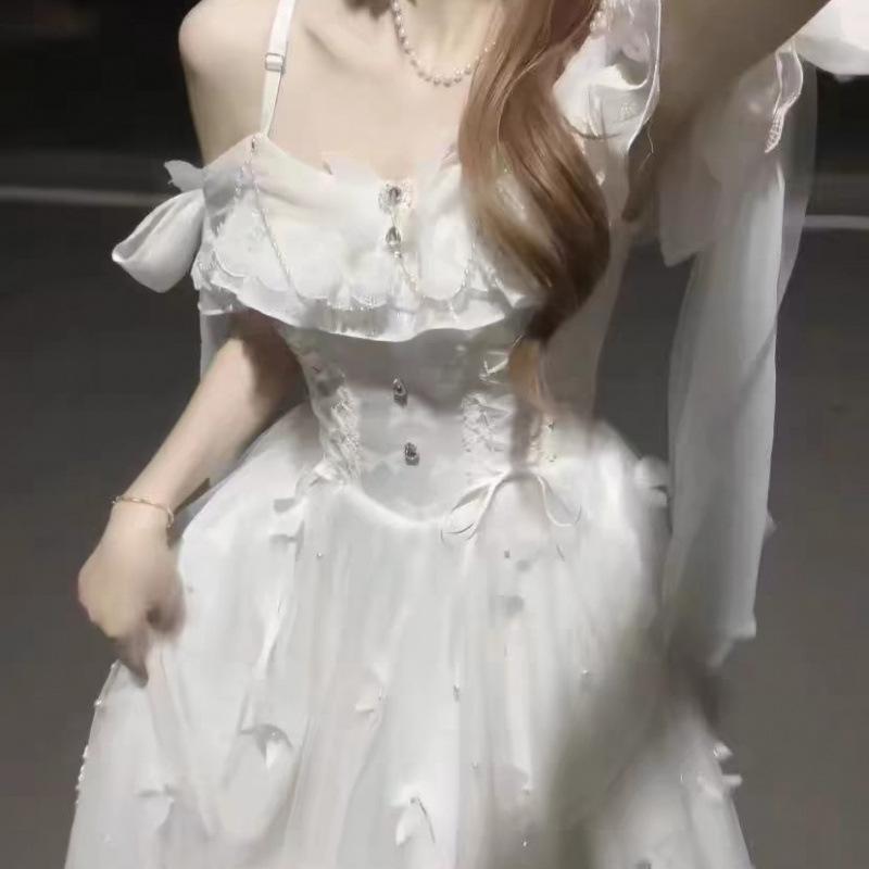 Lolita Göttin Fee Kleid Frühling Sommer Perlen Schmetterling Weiß Lange Urlaub