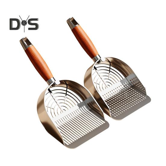 Katzenstreuschaufel aus Metall mit Halter, Haustierkotschaufel mit ergonomischem Holzgriff, schnelle Siebschaufel, Katzenbedarf