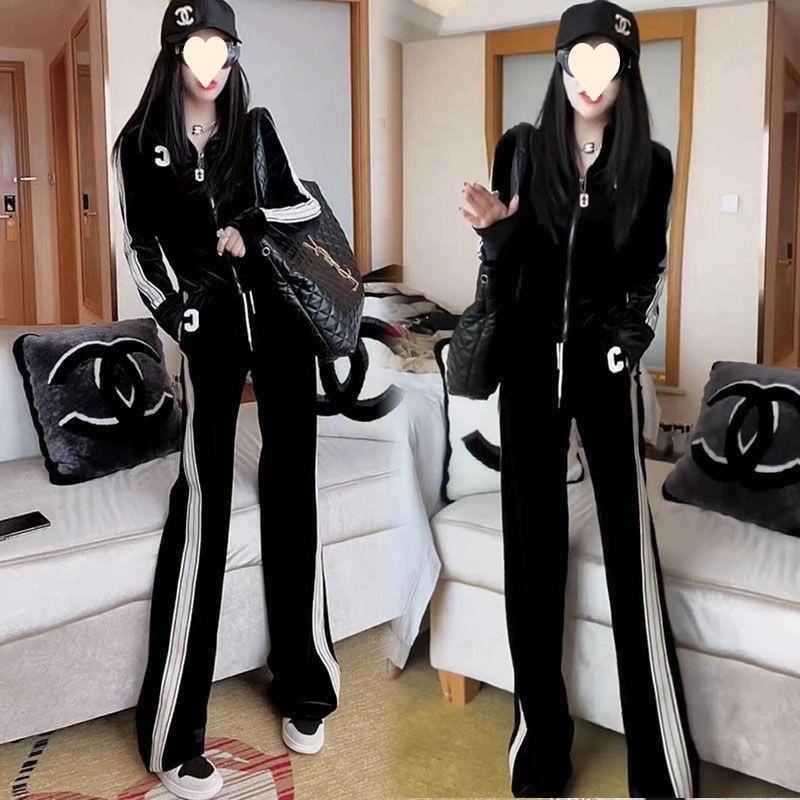 Gold Velvet Casual Sports Suit Women's Spring and Autumn Fashion Jacket Wide-leg Pants Two-piece Set