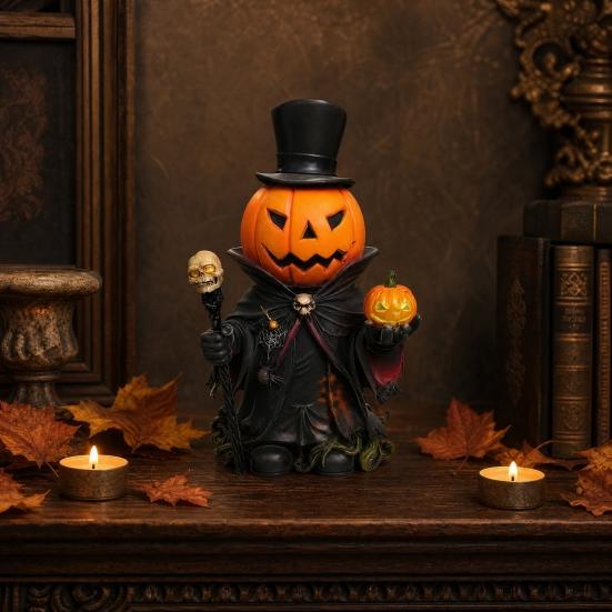 Skull Scepter Pumpkin Ornament with Cloak, Exquisite Resin Pumpkin Head Decorations, Pumpkin Gentleman Holding Small Pumpkin & Scepter Figurine for