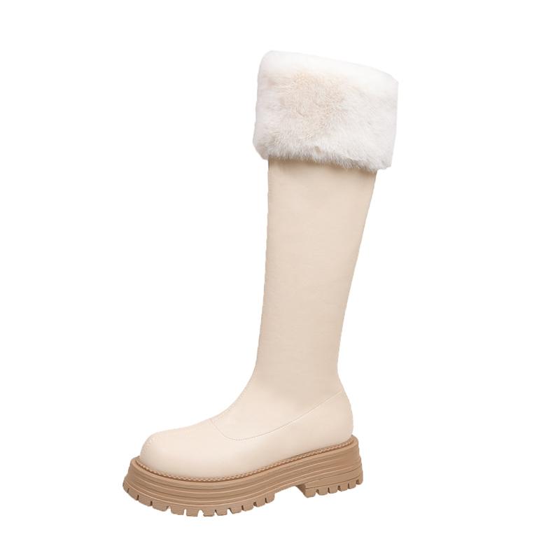 Fur Flats Platform Women High Boots Fad Mid Heels Shoes Plush Warm Knee High Snow Boots Winter 2025 Trend Goth Pumps Botas Mujer