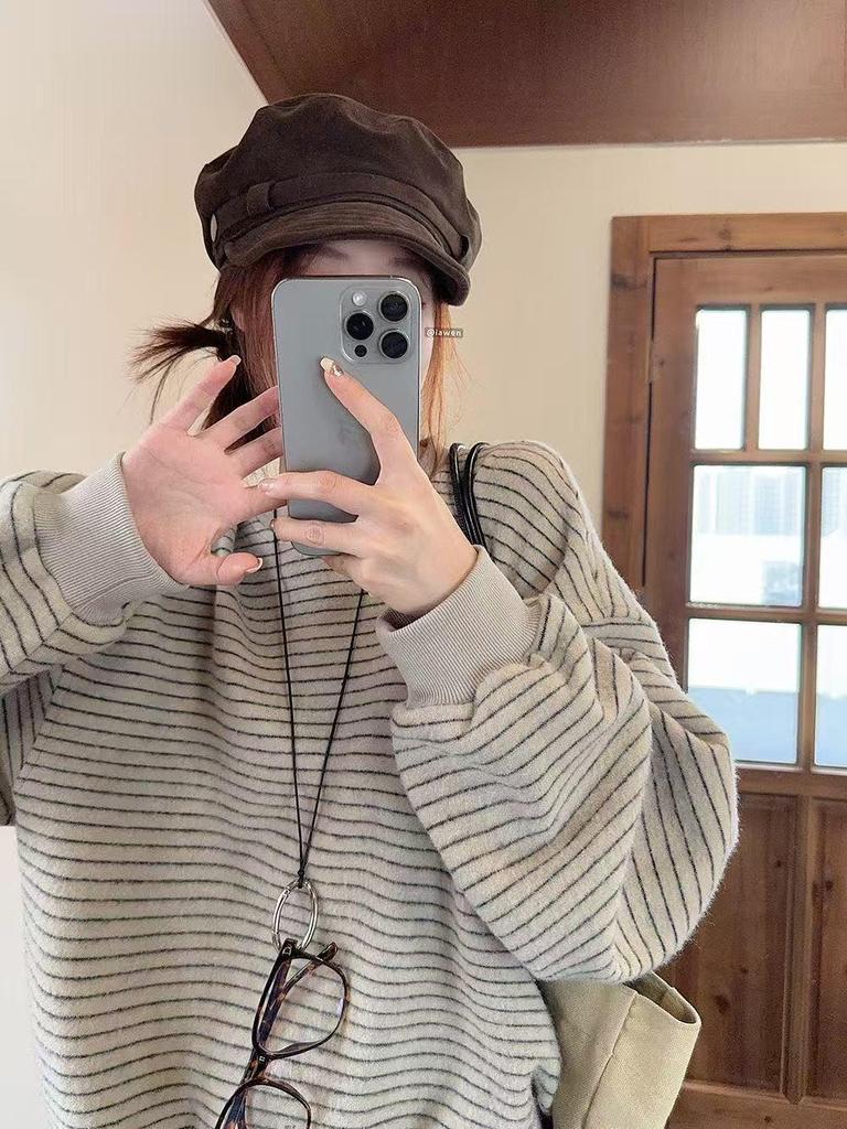 Women's 2025 Autumn Retro Striped Crew Neck Sweatshirt – Korean Style Loose Fit Trend