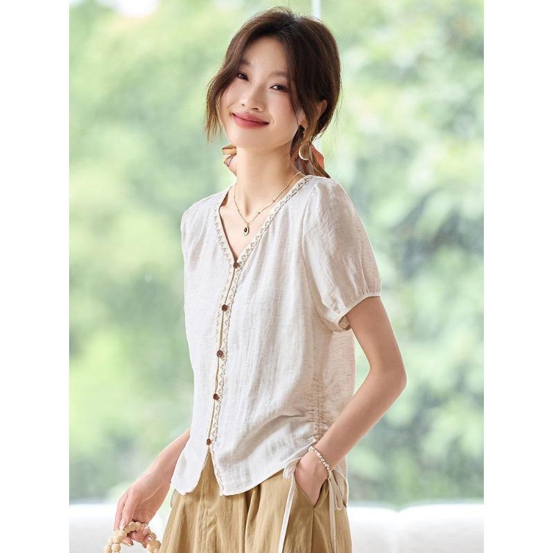

Womens V Neck Button Up Short Sleeve Casual Blouse M абрикосовий