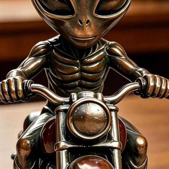Alien Gnome Resin Statue, Sitting on Motorcycle Decorative Gnome Ornament, Waterproof Hand-Painted Garden Sculpture, for Indoor Outdoor Use