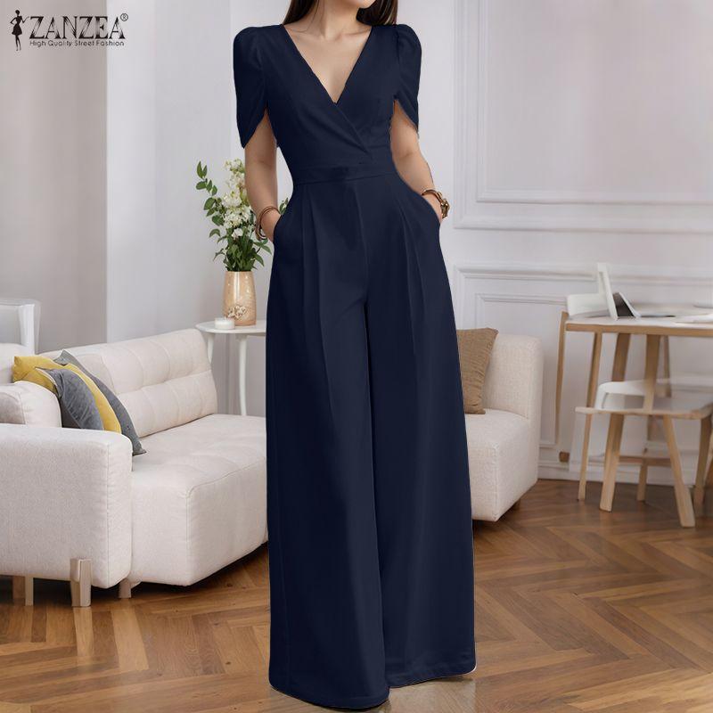 ZANZEA Women Summer V-Neck Casual Short Sleeve Wide Leg Jumpsuits