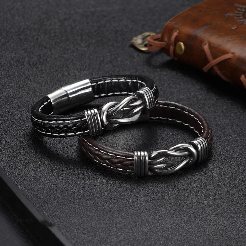 Men's Stainless Steel Bracelets Handwoven Leather Bangles European American Style Male Jewelry Fashion Accessory Gift
