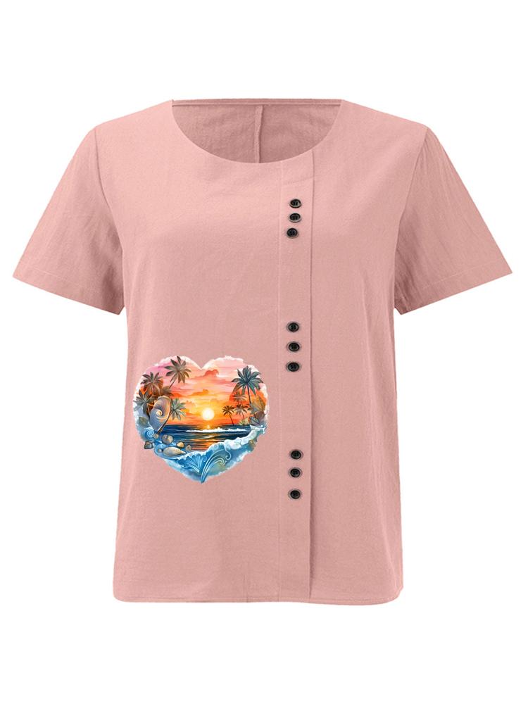Women s Fashion Heart Shaped Scenery Print Round Neck Short Sleeve T-shirt Casual Cotton Linen Graphic Shirt Leisure Loose Summer Blouse Tops S розовый