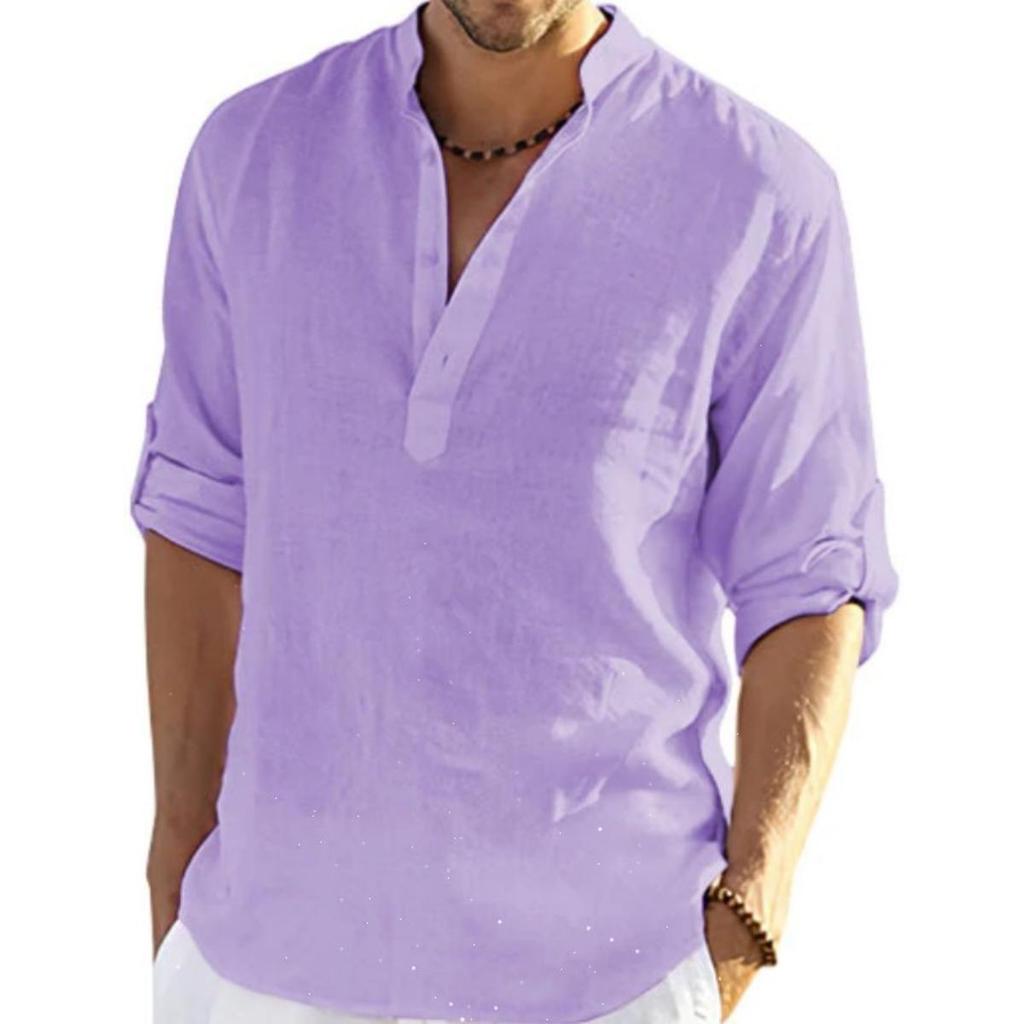 Men's Casual Long Sleeve Solid Color Shirt For European American Loose Collar Linen Cotton Stand