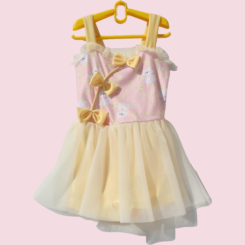 Korean Style Girls' Floral Strappy One-Piece Swimsuit with Bowknot and Gauze Skirt