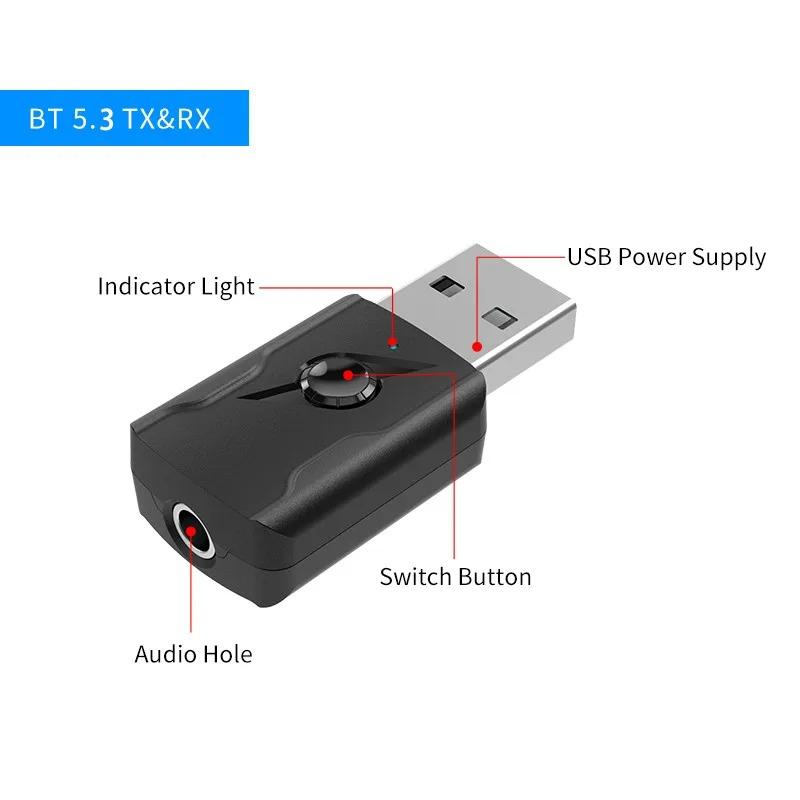 Car USB & 3.5mm AUX Bluetooth 5.3 Dongle Audio Receiver Transmitter Music Adapter For PC Mp3 Speaker TV Wireless Earphone Car Radio