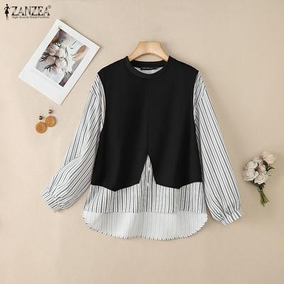 Women Casual Stripe Patchwork Long Sleeve Loose Pullover Blouse