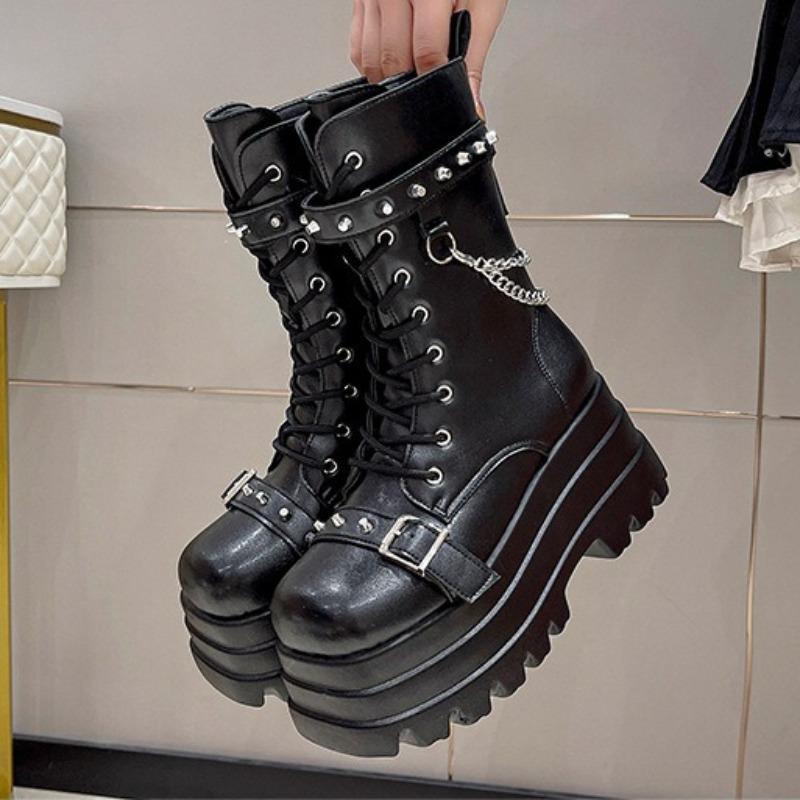 Women's Platform Boots Fashion Mid-calf Leather Boot Thick Soled Gothic Boot Punk Style Cosplay Boots for Women Motorcycle Boots