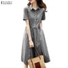 ZANZEA Women Plaid Print Casual Turn Down Collar Short Sleeve Dress