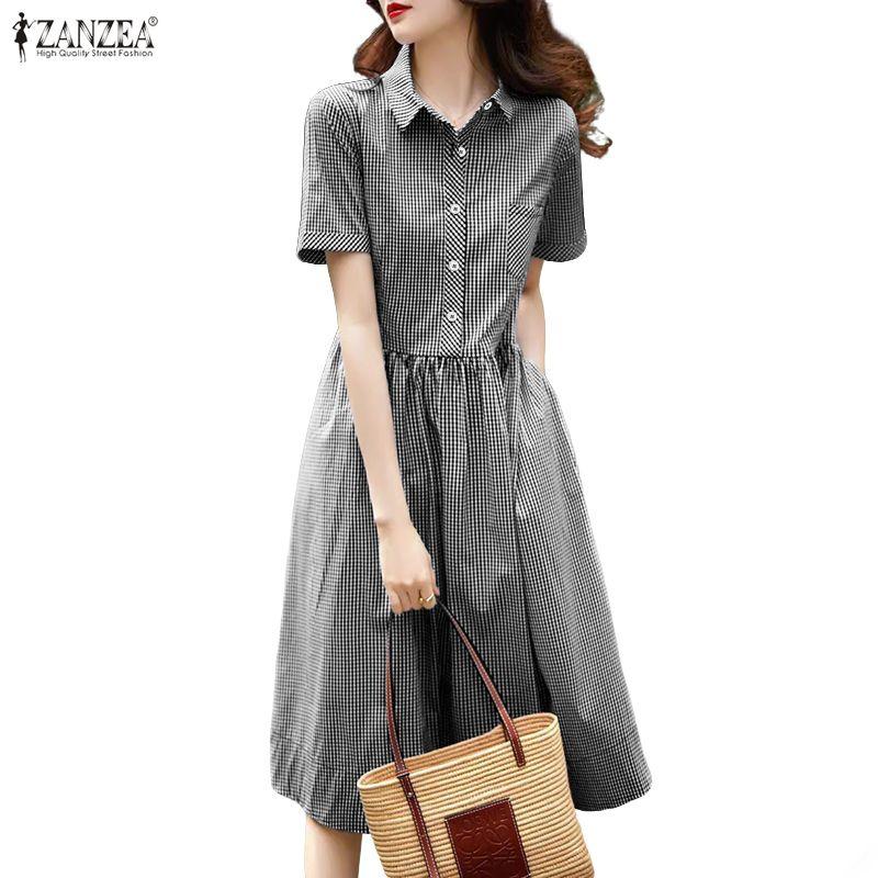 ZANZEA Women Plaid Print Casual Turn Down Collar Short Sleeve Dress