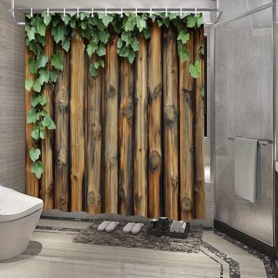 Rustikaler Duschvorhang aus Holzplanken - Wasserdicht, Schimmelresistent mit grünem Weinranken-Design für eine natürliche und gemütliche Badezimmeratmosphäre