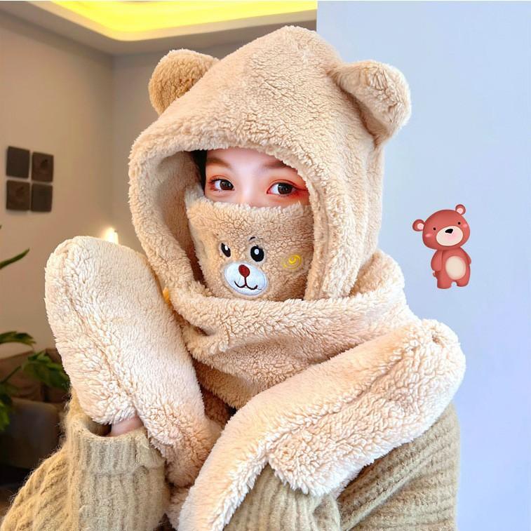 Autumn and Winter Season Hat Children's Cute Little Bear Hat Scarf Set Three Piece Scarf Warm and Windproof Ear Protection
