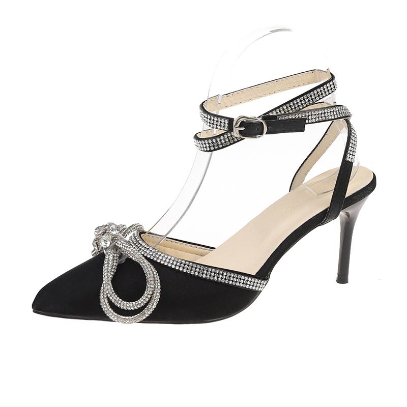 Rhinestone Strap Baotou Sandals Summer New Pointed Toe Bow Non-slip High Heels 35 чёрный