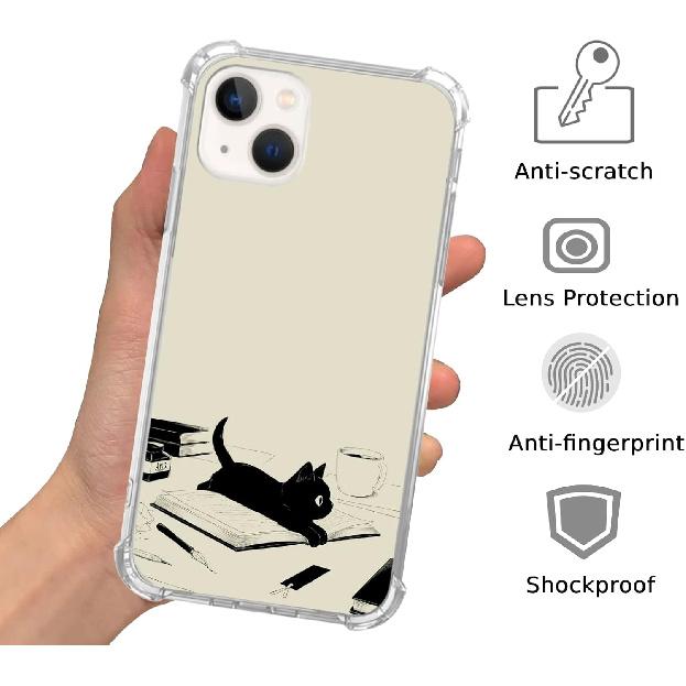 Black Cat and Books Case Compatible with iPhone 13, Cute Black Cat Case for iPhone 13 for Teens Men and Women, Cool TPU Bumper Phone Case Cover