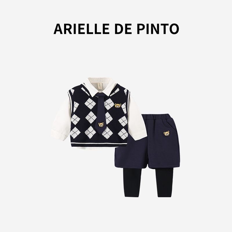 French Arielle De Pinto Boys  Autumn Outfit Set Casual Boys  High-End Quilted Vest Three-Piece Set Black 90cm