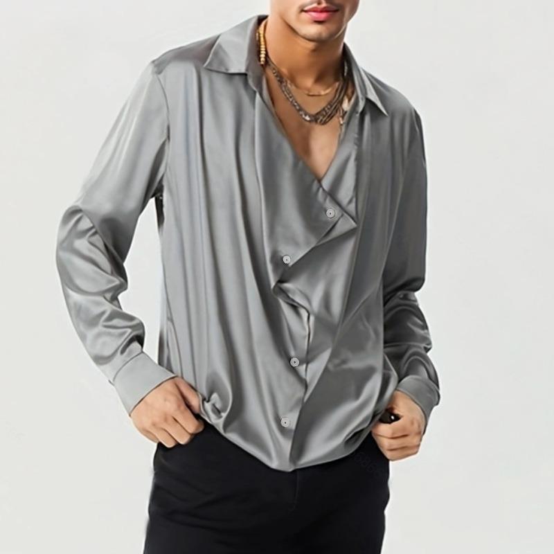 Autumn French-style Men's Lightweight Silk Shirt Commuting Flared Collar Long-sleeved Casual Loose-fit Shirt