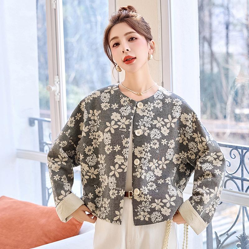 Women's Retro Print Round Neck Short Jacket - Spring 2025 Cotton Linen Design