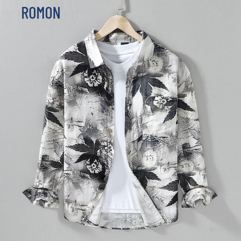 ROMON Men s Lyocell Linen American Retro Maple Leaf Long Sleeve Shirt 3XL