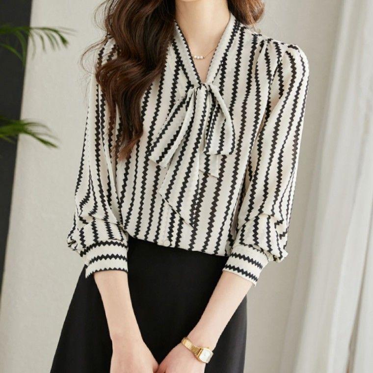 

Классические полосатые рубашки для женщин, весенне-осенний однобортный кардиган с длинными рукавами, блузка, модные офисные рубашки, топы 3XL