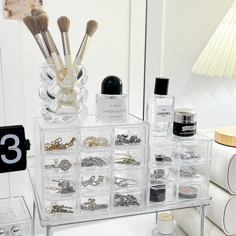 Transparent Jewelry Storage Box Organizer Table Drawer-Type Stackable Organizing Box 9 Grid Acrylic Display Jewelry Storage Rack