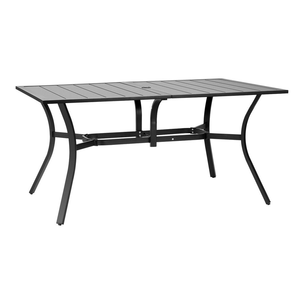 Outdoor Patio Dining Table, 150cm Long Rectangular Metal Steel Slat Backyard Bistro Tables for 4-6, with 38mm Umbrella Hole, All-Weather Large