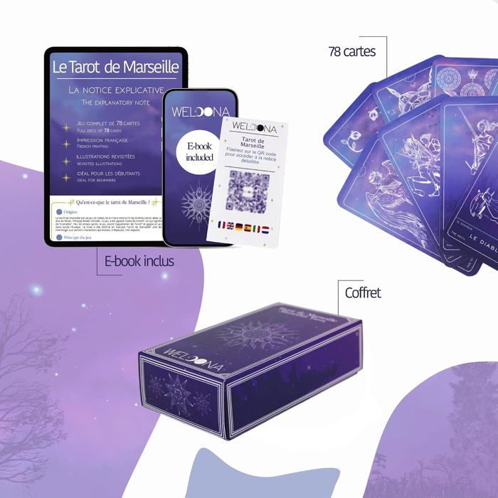 WELOONA Tarot De Marseille 78 Cards - Complete Divinatory Deck - 22 Major Arcana & 56 Miners - Gift Idea
