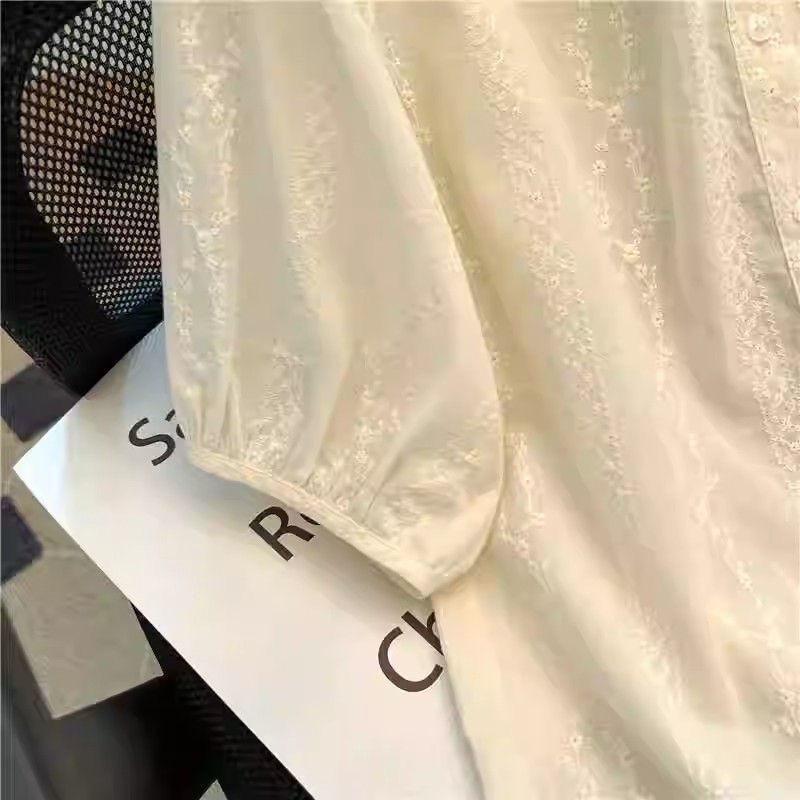 Damska francuska retro żakardowa bawełniana bluzka babydoll z haftem w kolorze morelowym