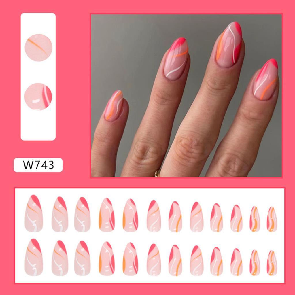 Pink & Rose Red Wave Printed Almond False Manicure Ultra-flexible Long Lasting Fake Nails for Women and Girl Nail Salon
